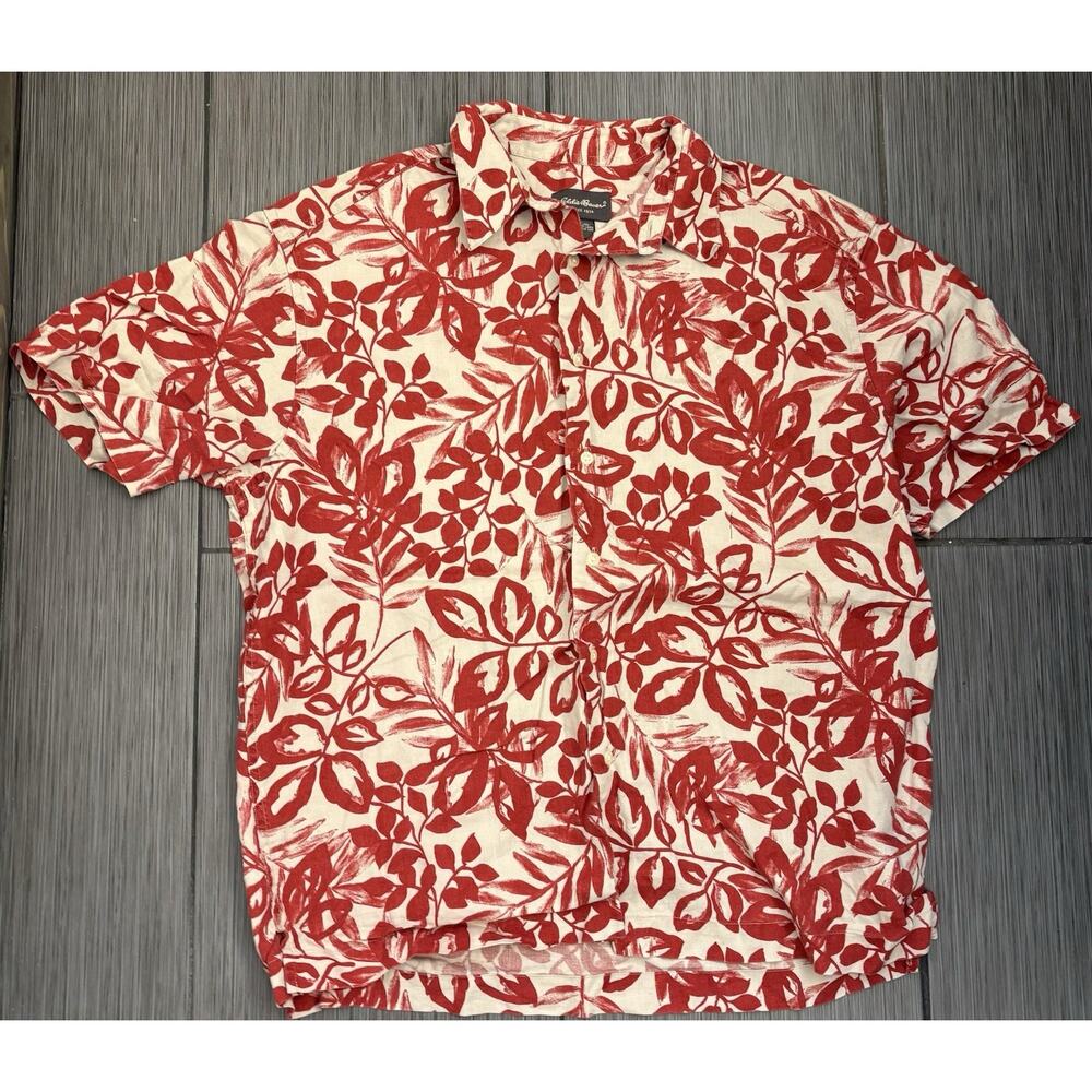 Eddie Bauer Linen Button Up Shirt Hawaiian Mens Large Red/Cream Floral Wedding